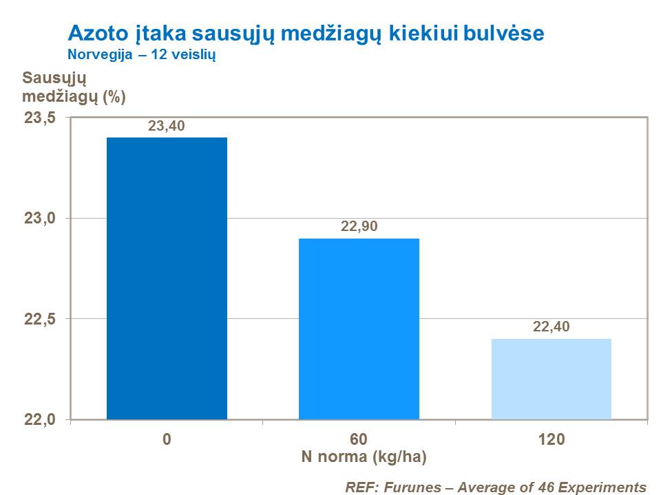 Dėl perteklinio tręšimo azotu vėlesniuose augimo tarpsniuose taip pat gali sumažėti sausųjų medžiagų kiekis, todėl pablogės perdirbimui skirtų bulvių kokybė.